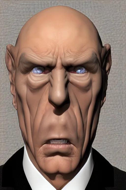 Prompt: 3 d model of a sinister man by brian bolland, rachel birkett, alex ross, and neal adams | portrait, character concept, concept art, unreal engine, finalrender, centered, deviantart, artgerm