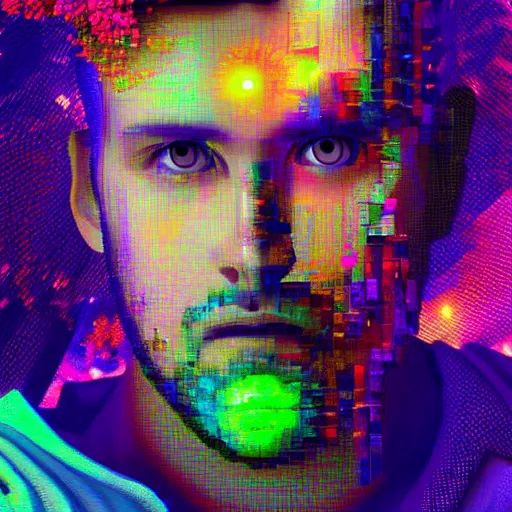 Prompt: a beautiful prismatic photo of glitch art portrait of a cyberpunk young zeus by mark tedin. flower blossom by ryan yee trending on artstation. futuristic self - portrait rendered using voxel technology by tim hildebrandt, trending on artstation.