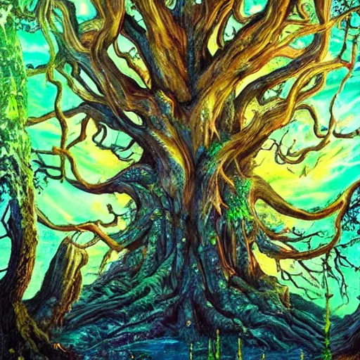 Image similar to A 100 year old ancient huge glowing tree, fantasy painting, lots of detail