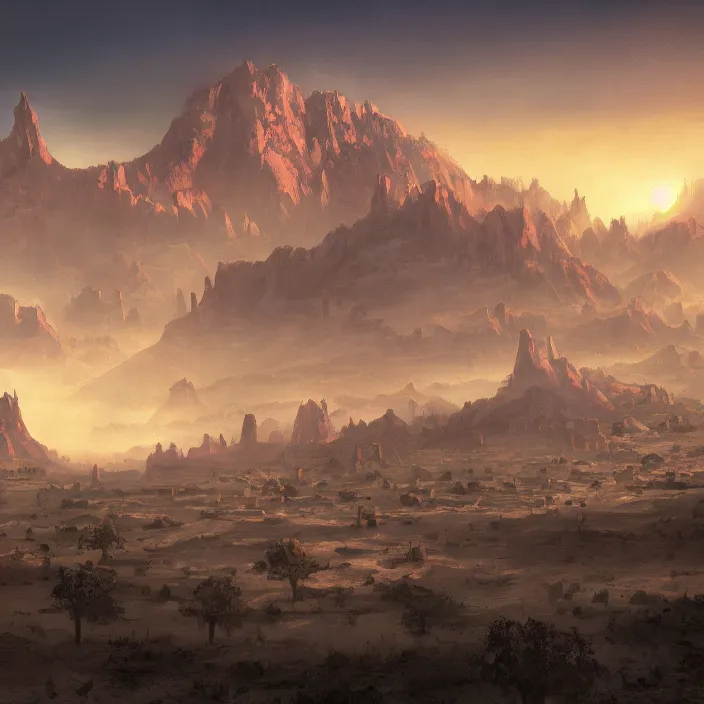 Image similar to large densely packed western style city in the middle of a sandy flat desert with a single mountain on the very distant horizon. magic the gathering art, digital media