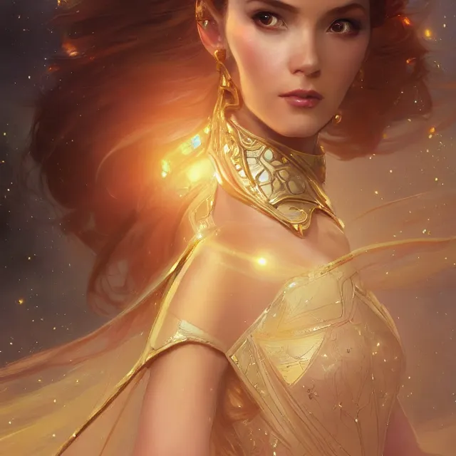 Prompt: close up portrait of a beautiful space princess carrying sword and wearing beautiful gold dress,, gold eye makeup, shiny, subsurface scattering, artistic, art by artgerm, greg rutkowski and alphonse mucha, artstation, octane render,