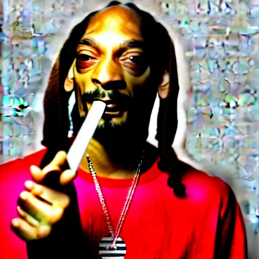 Image similar to Snoop Dog with big eyes eye color red , smiling and holding a joint in his hand