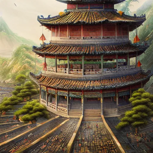 Image similar to dynamic composition, motion, ultra-detailed, incredibly detailed, a lot of details, amazing fine details and brush strokes, colorful and grayish palette, smooth, HD semirealistic anime CG concept art digital painting, watercolor oil painting of epic castle gate, from Three Kingdoms, by a Chinese artist at ArtStation, by Huang Guangjian, Fenghua Zhong, Ruan Jia, Xin Jin and Wei Chang. Realistic artwork of a Chinese videogame, gradients, gentle an harmonic grayish colors.