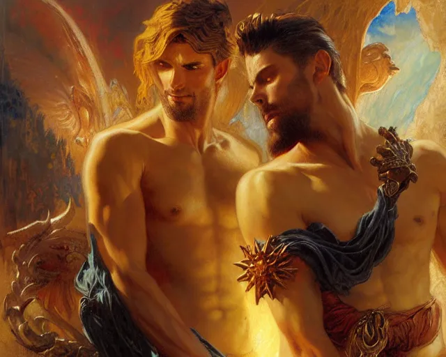 Image similar to attractive pagan male deity, summons handsome lucifer morning star. highly detailed painting by gaston bussiere, craig mullins, j. c. leyendecker 8 k