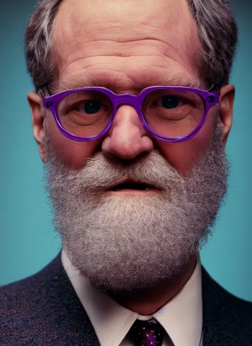 Image similar to platon closeup photograph of david letterman in a purple suit, photorealistic, studio lighting, ektachrome, detailed, intricate, face detail