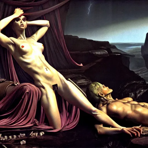 Prompt: still frame from Prometheus movie, Slaanesh succubus godess editorial by wayne barlowe by caravaggio by giger by malczewski, contrastive 4k wallpaper