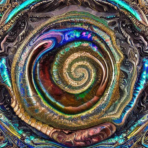 Image similar to Art Nouveau cresting oil slick waves, hyperdetailed bubbles in a shiny iridescent oil slick wave, ammolite, detailed giant opalized ammonite shell, black opal, abalone, paua shell, ornate copper patina medieval ornament, rococo, oganic rippling spirals, octane render, 8k 3D, druzy geode, cresting waves and seafoam