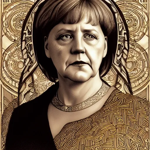 Image similar to amazing lifelike award winning pencil illustration of angela merkel trending on art station artgerm Greg rutkowski alphonse mucha cinematic