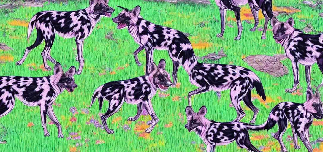 Image similar to pack of african wild dogs near a watering hole, painted by studio ghibli studio matako Lisa Frank with psychedelic colors