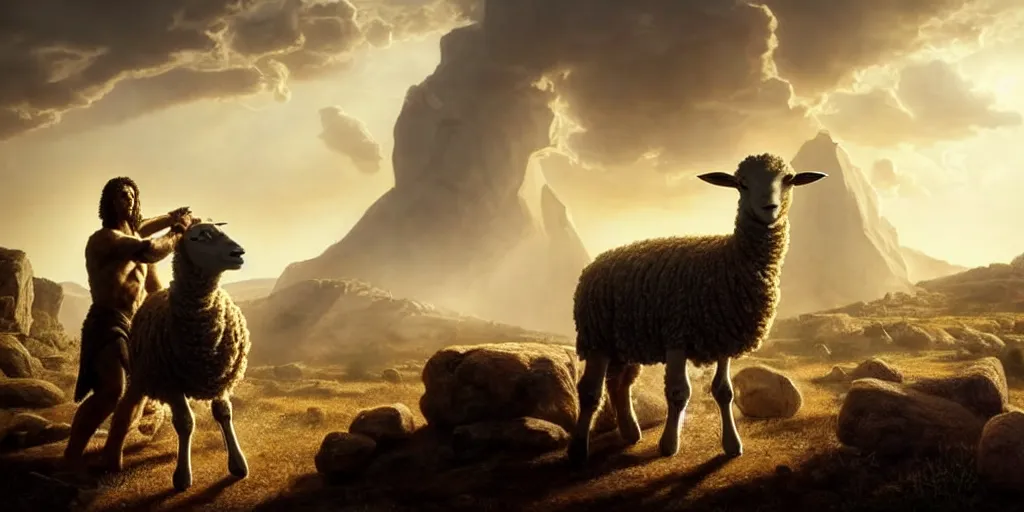 Image similar to realistic scene of biblical Cain and Abel before a stone altar with white smoke ascending in the background, a lamb in the foreground, inspired art by Frazetta + facial symmetry + bright dramatic volumetric lighting, well lit, 8k octane render, intricate, epic composition, golden hour, cinematic studio lighting + masterpiece, trending on artstation, very detailed, masterpiece, stunning