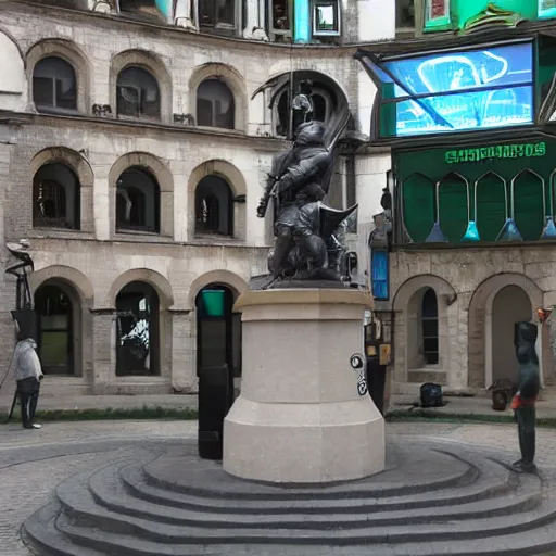 Prompt: a niantic ingress style portal surrounds the statue of a knight in a crowded city square