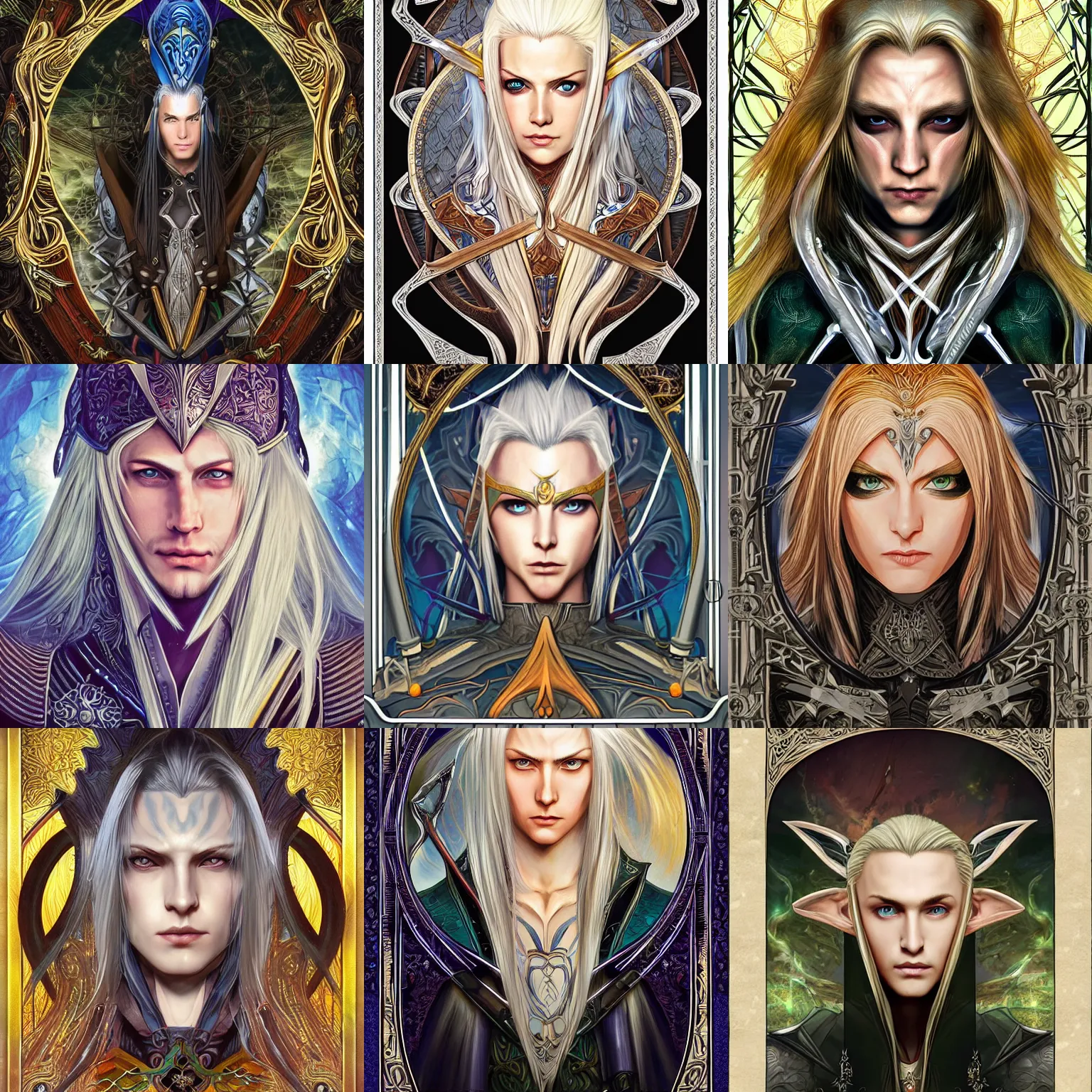 Image similar to head-on symmetrical centered painted portrait, Sephiroth as elf ranger, blonde hair, leather armour, art nouveau, tarot card style, complex fractal tarot card background, fantasy, intricate, elegant, highly detailed, smooth, sharp focus, illustration, artstation, in the style of Artgerm and Anna Podedworna and Alex Ross and Mucha