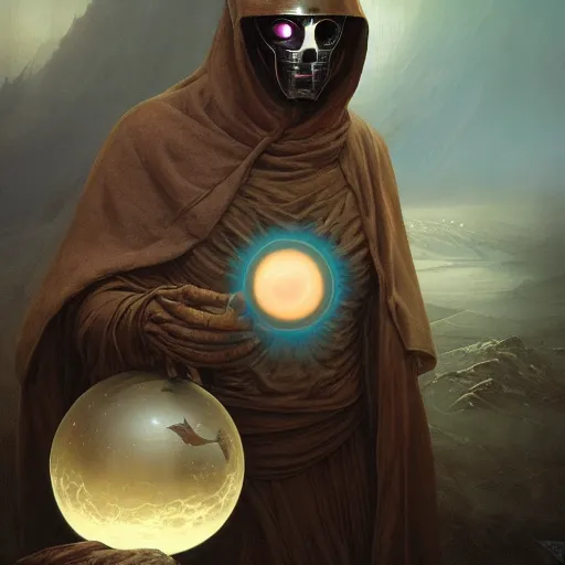 Image similar to masked nomad male wearing a cloak on an alien world and holding a holographic planet projection in his hand, detailed, sci - fi, digital painting, artstation, sharp focus, illustration, ominous, artgerm, tomasz alen kopera, peter mohrbacher, donato giancola, joseph christian leyendecker, wlop, frank frazetta