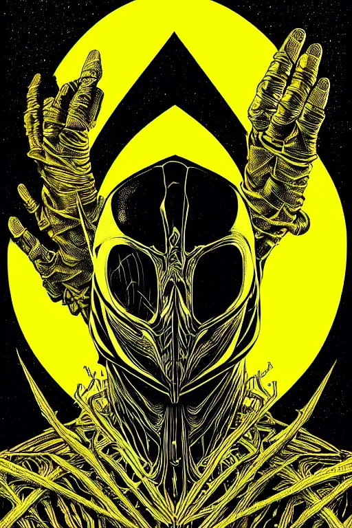 Prompt: portrait of black and yellow technicolor grainshading print by dan mumford, goblinko, richard corben, wayne barlowe, moebius, heavy metal comic cover art, psychedelic triangular skeleton, very intricate, thick outline, full body, symmetrical face, long black crown, in a shapes background, galactic dark colors