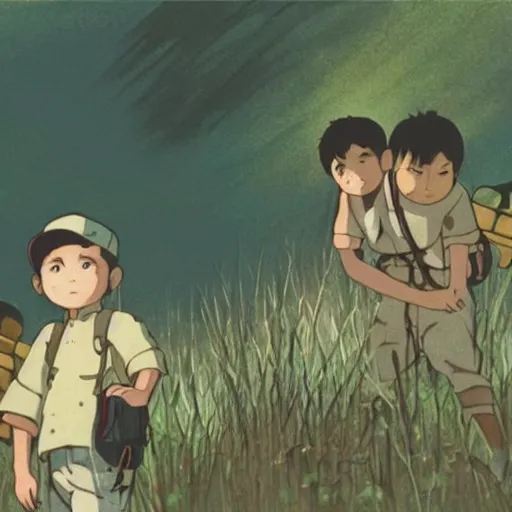 Prompt: Film still from Grave of the Fireflies (1988), evening, Studio Ghibli, Artstation