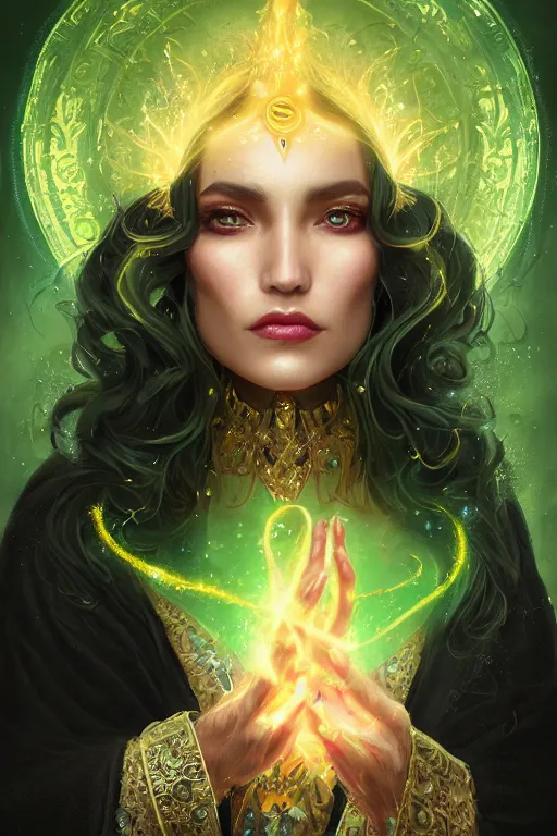 Prompt: a close - up profile portrait of a beautiful sorceress wearing a black robe with gold embroidery, casting a spell, green glows, painted by artgerm and tom bagshaw, highly detailed digital art