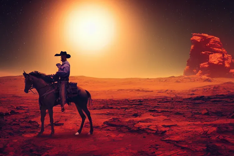 Image similar to Long shot of an old western cowboy riding a horse on mars looking at camera, distant background, red lighting, ominous, gloomy, moonlight, bokeh, depth of field, synthwave, psychedelic, glitch, acrylic, flooko, detailed, cybernetic, sci-fi, glows,