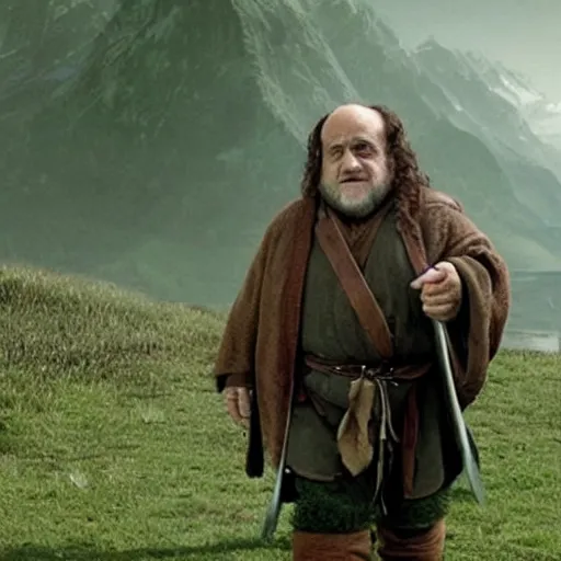 Image similar to movie still of danny devito starring as gimli in the 2 0 2 3 lord of the rings movie, full body, hyper realistic, high quality