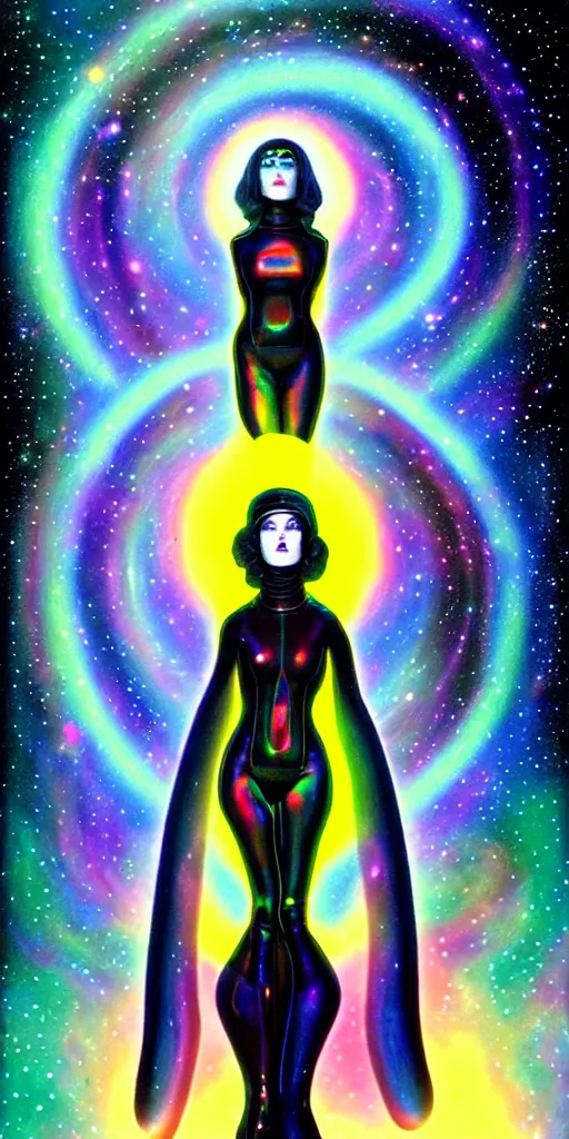 Image similar to patron saint of 🛸🌈👩🏾, futuristic gothic clothing, warped space, gravity, nebula, black hole, aries constellation, multiverse, neon god of city character portrait, in the style of margaret keane, moebius, tom bagshaw, and waterhouse, cinematic lighting, beautiful, elegant, oil painting,