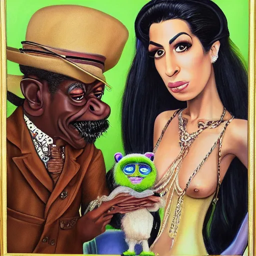 Image similar to beautiful lifelike painting of flava flav and amy winehouse buying a rare furby collection in downton abbey, hyperreal detailed facial features and uv lighting, art by ed roth and basil wolverton