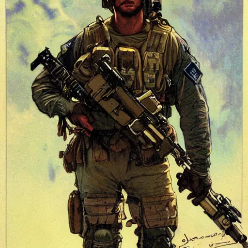 Image similar to Hector. USN special forces recon operator on patrol Australian neutral zone. 2087. Concept art by James Gurney and Alphonso Mucha