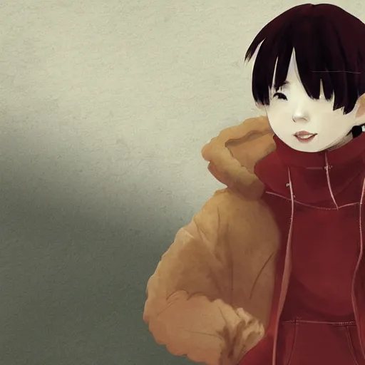 Image similar to A cute cartoon ginger girl with puffy red hair, wearing a brown jacket over a black hoodie, digital art, Akihiko Yoshida