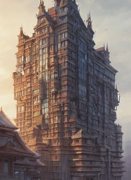 Image similar to a building with a very complicated architecture by mikyoung kim, very detailed, intricate details, complimentary colors, perfect lighting, perfect composition, aesthetic, masterpiece, award winning, artstation, darek zabrocki, greg rutkowski, artgerm, 4 k