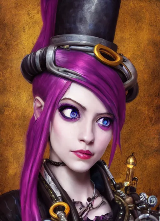 Image similar to steampunk portrait of jinx from league of legends, au naturel, hyper detailed, digital art, trending in artstation, cinematic lighting, studio quality, smooth render, unreal engine 5 rendered, octane rendered, art style by klimt and nixeu and ian sprigger and wlop and krenz cushart.