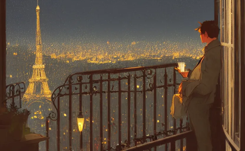 Image similar to gentleman drinking coffee at balcony in france, city with eiffel tower seen behind, night raining, detailed characters, by greg rutkowski, alphonse mucha, beeple, sharp focus, digital art, smooth, light refraction, pixiv art, volumetric lighting, makoto shinkai