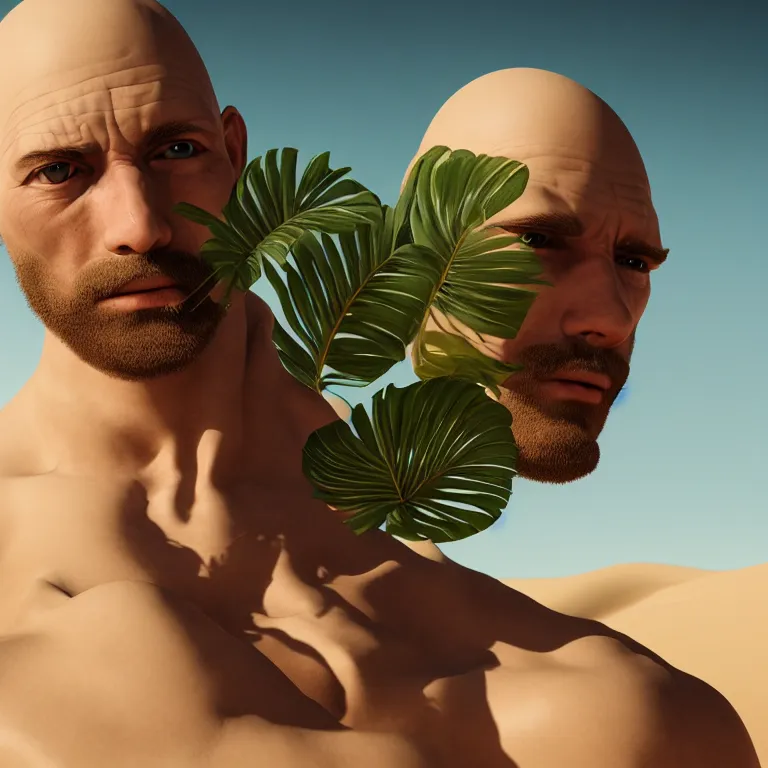 Prompt: tropical plant, young bald muscle white man in white desert, dune, baroque portrait painting, beautiful detailed intricate insanely detailed octane render trending on Artstation, 8K artistic photography, photorealistic, chiaroscuro, Raphael, Caravaggio