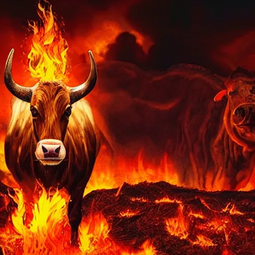 Prompt: a realistic photo of a cow in hell, surrounded by fire and demons