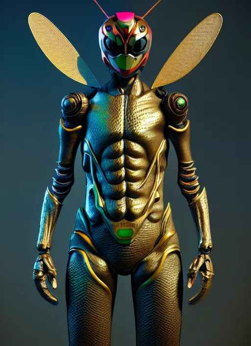 Prompt: kamen rider, more human structure insects concept art, intricate detail, insect compound eyes, hyperrealistic art and illustration by irakli nadar and alexandre ferra, unreal 5 engine highlly render, global illumination