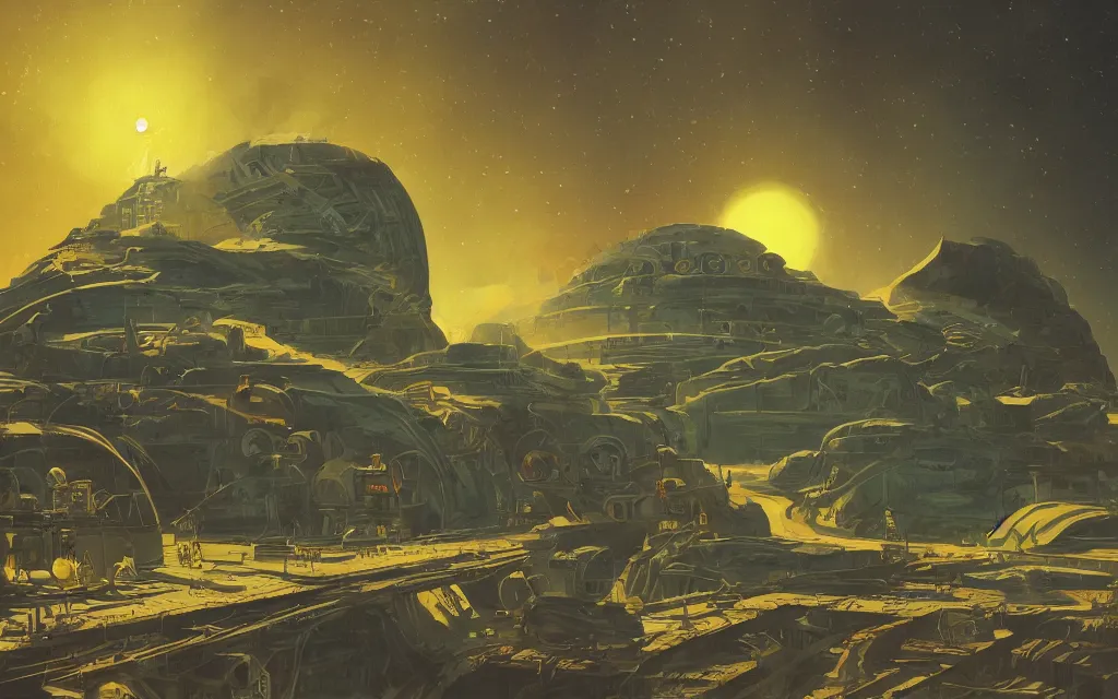 Image similar to artwork in the style of finnian macmanus and in the style of chesley bonestell.