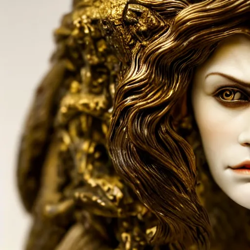 Image similar to photo taken of an epic intricate, ultra detailed, super realistic life sized bust of a majestic gracious regal aristocratic brunette female vampire created by weta workshop, menacing, some zoomed in shots, photorealistic, sharp focus, white wall, extremely cold blueish colour temperature, 3 5 mm, f 1. 4, golden ratio