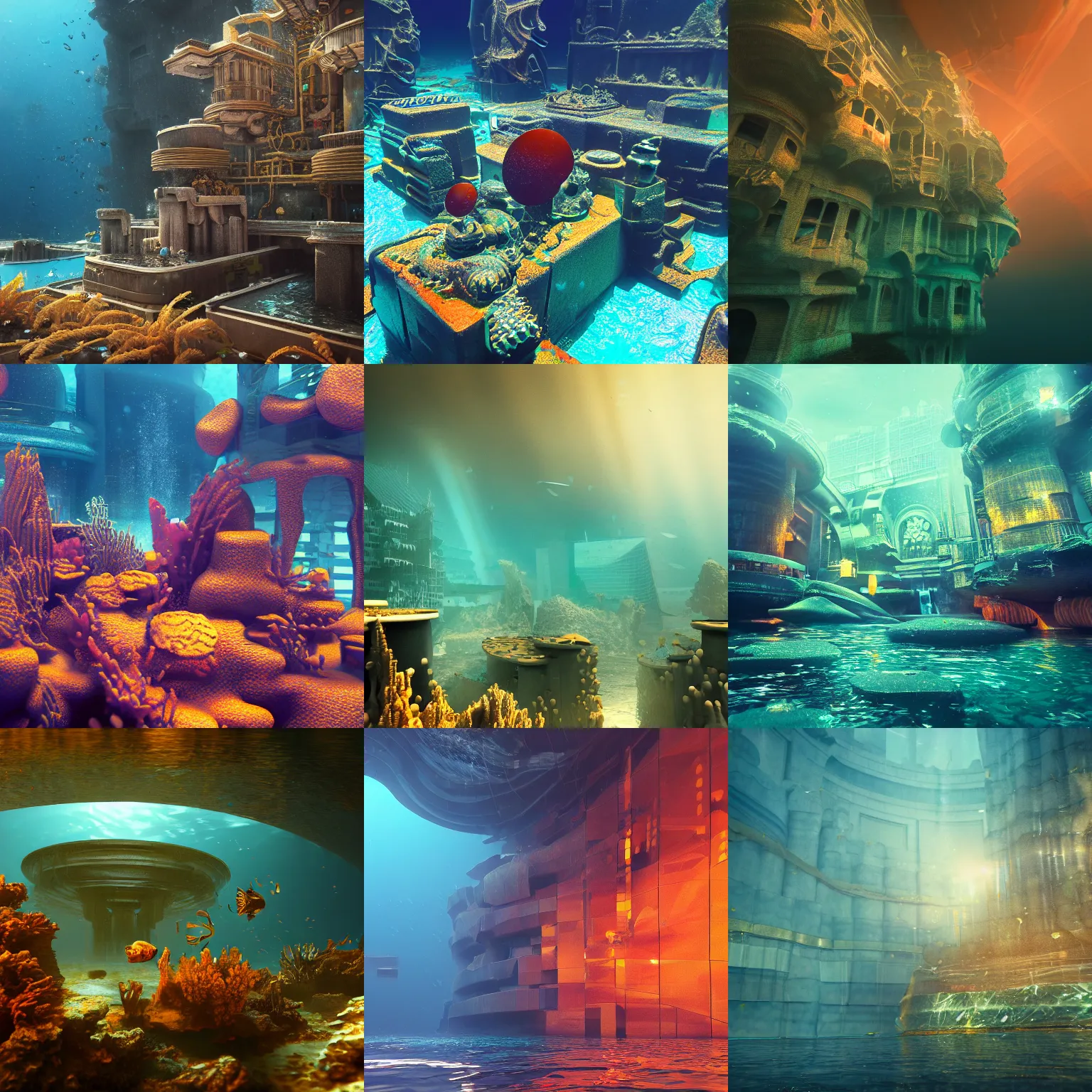 Prompt: Abstract tech underwater environment ruined city, focus, accurate symmetric features proportions, golden ratio, reflections, rainbow lighting, volumetric water, ultra intricate details, award winning, octane render
