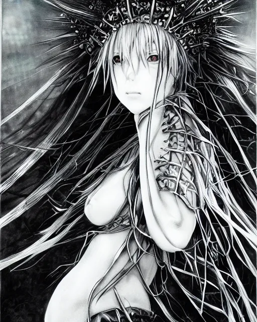 Prompt: Yoshitaka Amano realistic illustration of an anime girl with wavy white hair and cracks on her face wearing spiky crown and Elden ring armor with the cape fluttering in the wind, abstract black and white patterns on the background, noisy film grain effect, highly detailed, Renaissance oil painting, weird portrait angle