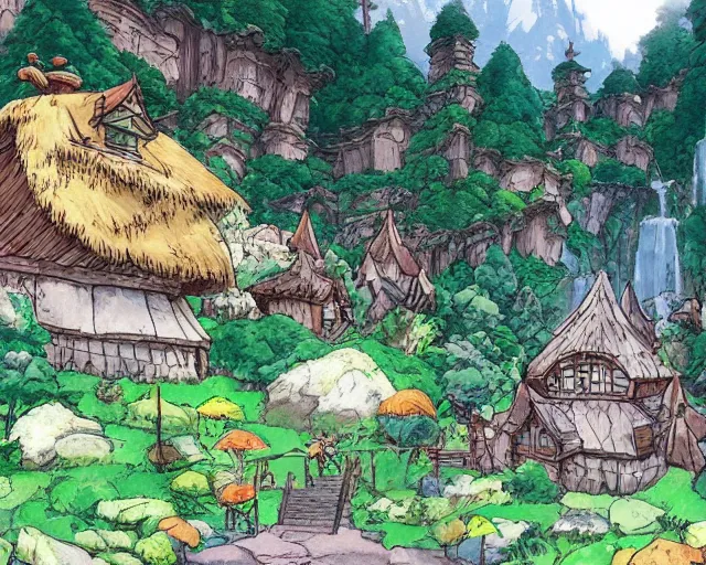 Prompt: mountain overseeing fantasy village next to a forest, studio ghibli style, hayao miyazaki