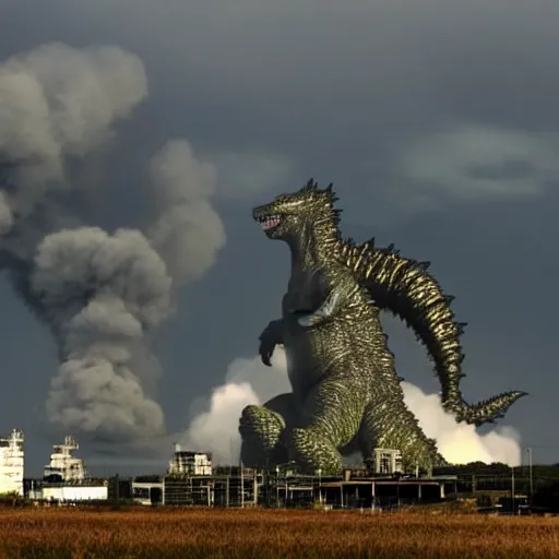 Image similar to godzilla attacking fukushima daiichi unit 4, dramatic lighting