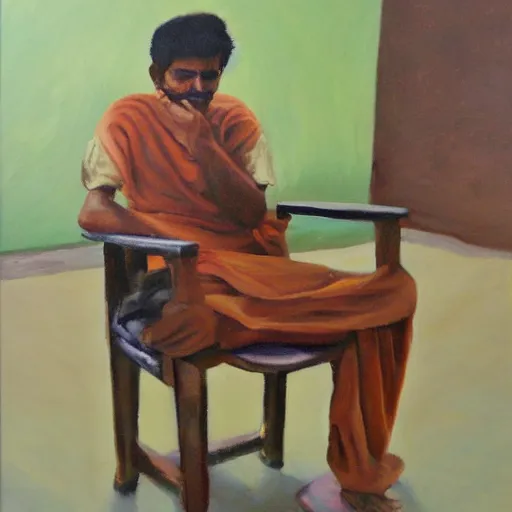 Prompt: Indian man sleeping on a school chair, oil painting