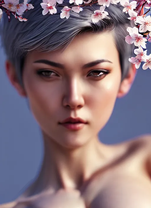 Image similar to photo of a gorgeous female with short gray hair in the style of stefan kostic, realistic, body shot, sharp focus, 8 k high definition, insanely detailed, intricate, elegant, art by stanley lau and artgerm, cherry blossoms