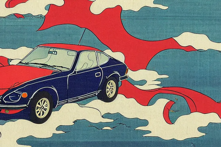 Image similar to ukiyo - e painting of a 1 9 7 5 datsun 2 4 0 z