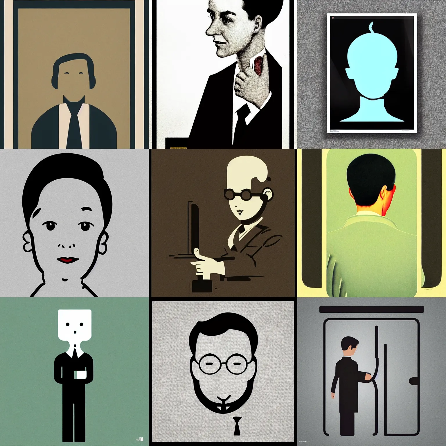 Prompt: icon of office worker stylized minimalist from behance, ios, vintage, magazine illustration, by norman rockwell, william - adolphe bouguereau, pixar, philippe starck, jony ive, dieter rams, henry dreyfuss, naoto fukasawa