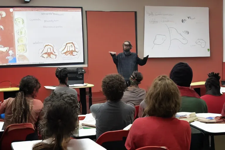 Prompt: photo of a red mushroom man sitting in a classroom, watching a lecture about mushroom biology