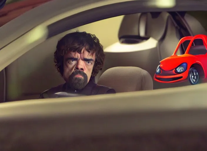 Prompt: peter dinklage driving a little tikes car at night, movie still, from the new fast and furious movie, 8 k, realistic