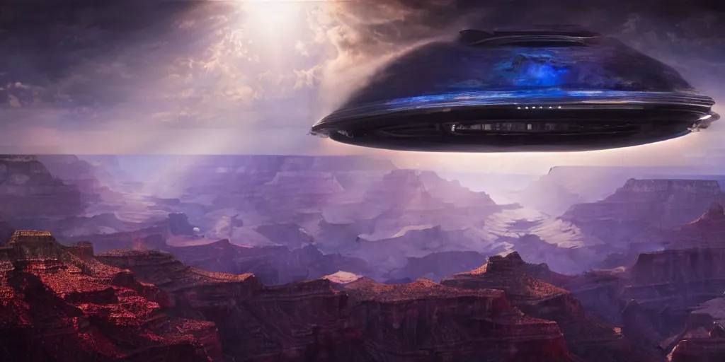 Prompt: An alien spaceship hovering over the Grand Canyon, cinematic lighting, detailed oil painting, hyperrealistic, 8k