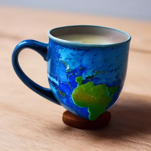 Prompt: a mug with tea in earth theme