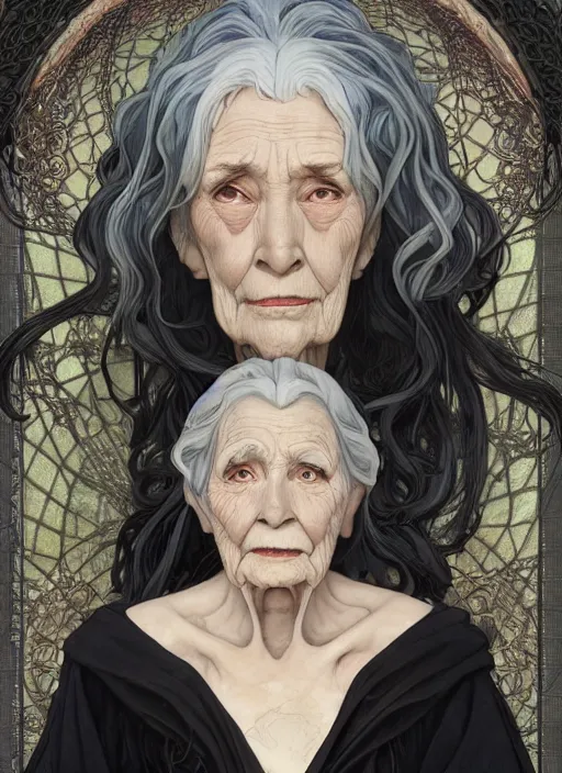 Image similar to wizened old witch with curly shiny shimmering black hair, path traced, highly detailed, high quality, digital painting, by studio ghibli and alphonse mucha, leesha hannigan, hidari, disney