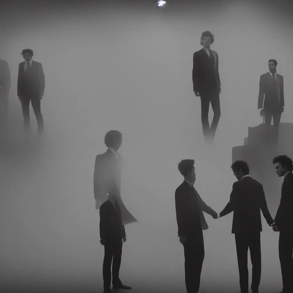 Prompt: Men in suits are in a foggy meeting room holding hands, in the middle there are stones, plants, dead organisms and garbage, broken computers and ethernet cables, cinematic light, very detailed, wide shot, chiaroscuro, mystery, in the style of david lynch eraserhead