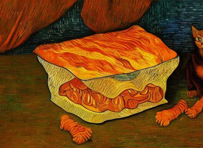 Image similar to detailed realistic realism painting of hybrid between orange tabby cat and lasagna, at dusk, in the style of vincent van gogh and salvador dali and leonardo da vinci