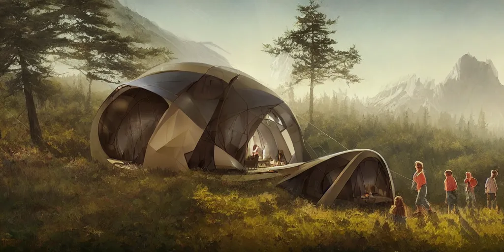 Image similar to cabela's tent futuristic pop up family pod, cabin, modular, person in foreground, mountainous forested wilderness open fields, beautiful views, painterly concept art, joanna gaines, environmental concept art, farmhouse, magnolia, concept art illustration by ross tran, by james gurney, by craig mullins, by greg rutkowski trending on artstation